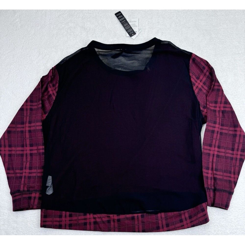 Seven 7 Red Plaid Peek a boo Back Long Sleeve Boat Neck Blouse Shirt L.